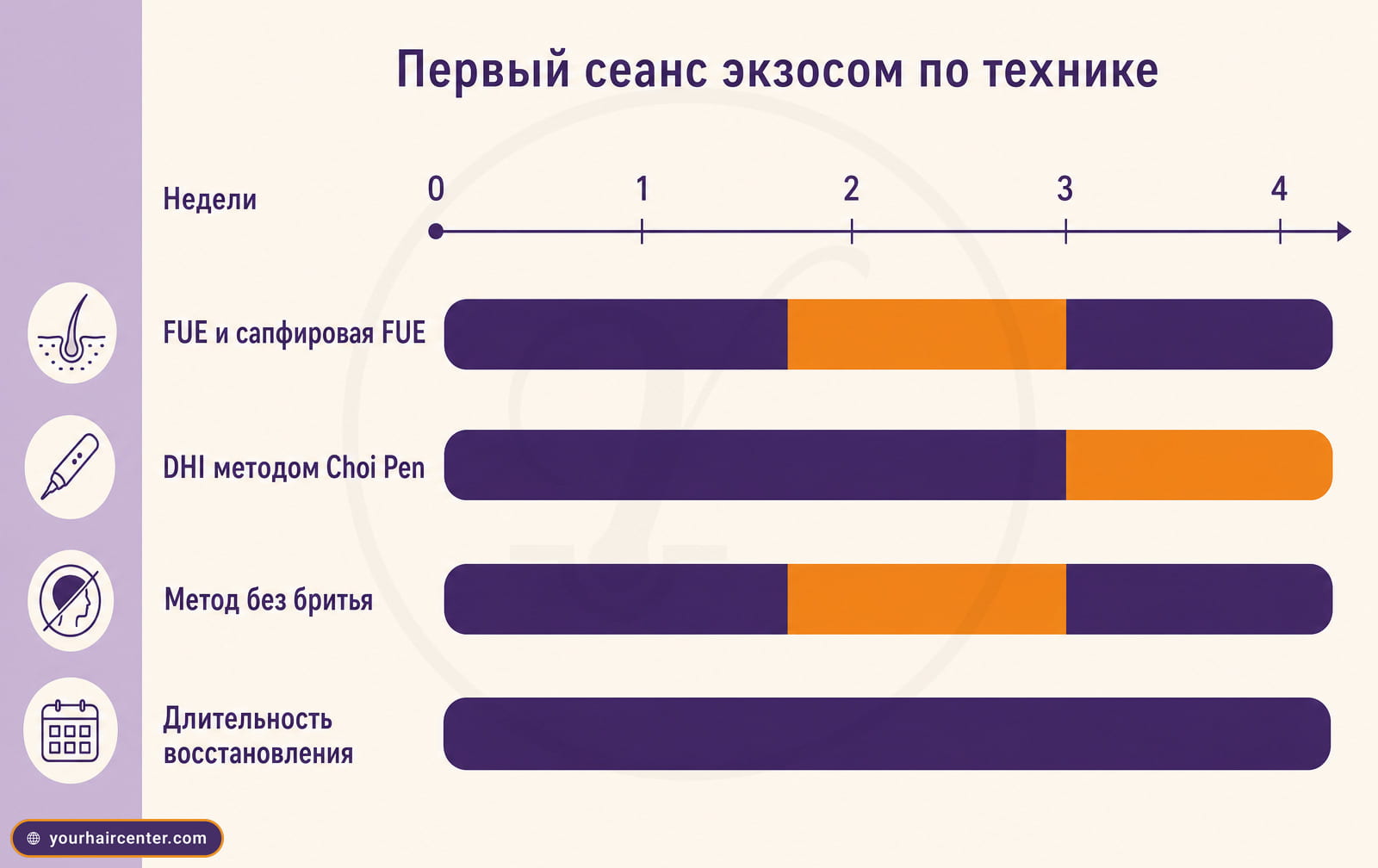 Инфографика сроков первого сеанса экзосом по технике пересадки, FUE и сапфир 2-3 недели, DHI 3-4 недели