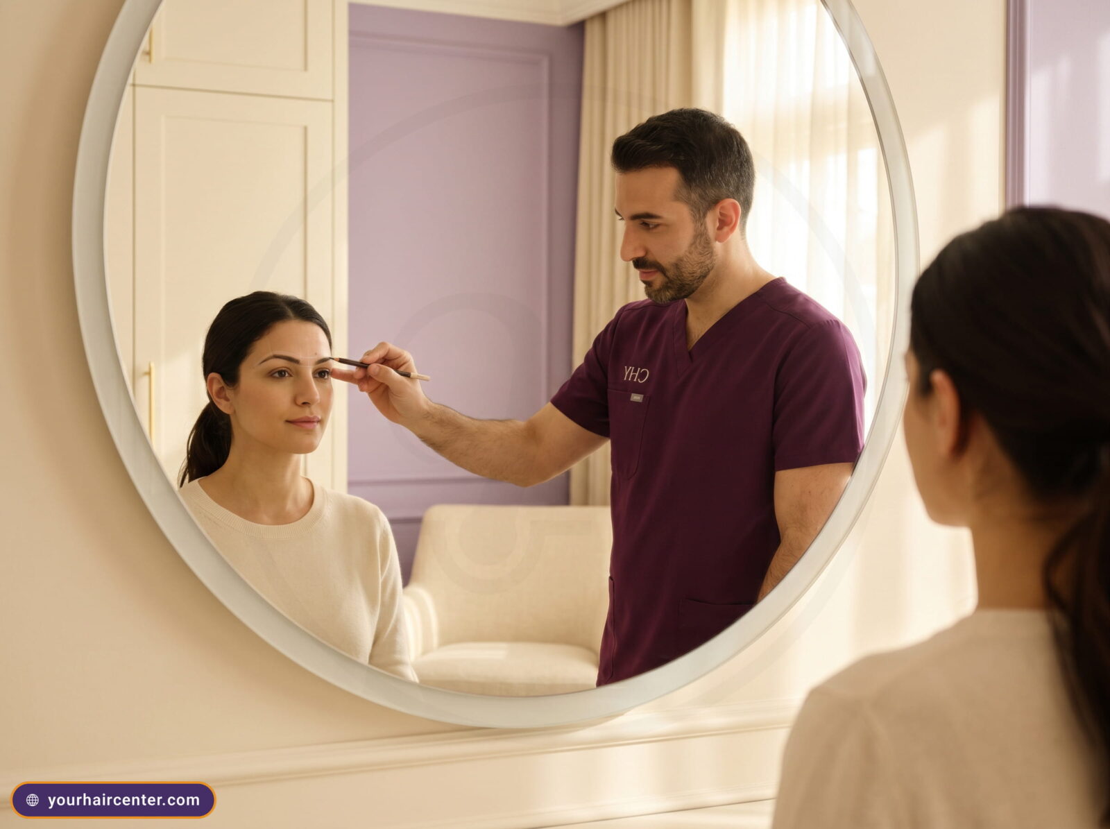 Clinician and patient reviewing the planned eyebrow arch in a round mirror during a pre-operative design consultation
