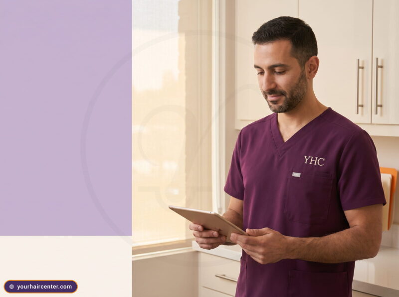 YHC clinician reviewing an eyebrow transplant regret plan on a tablet in a calm lavender-and-cream consultation room