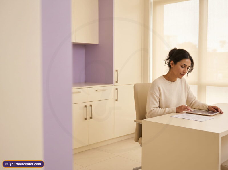 Woman reviewing eyebrow transplant cost turkey options at a cream consultation desk with a tablet in a calm lavender-accented clinic room