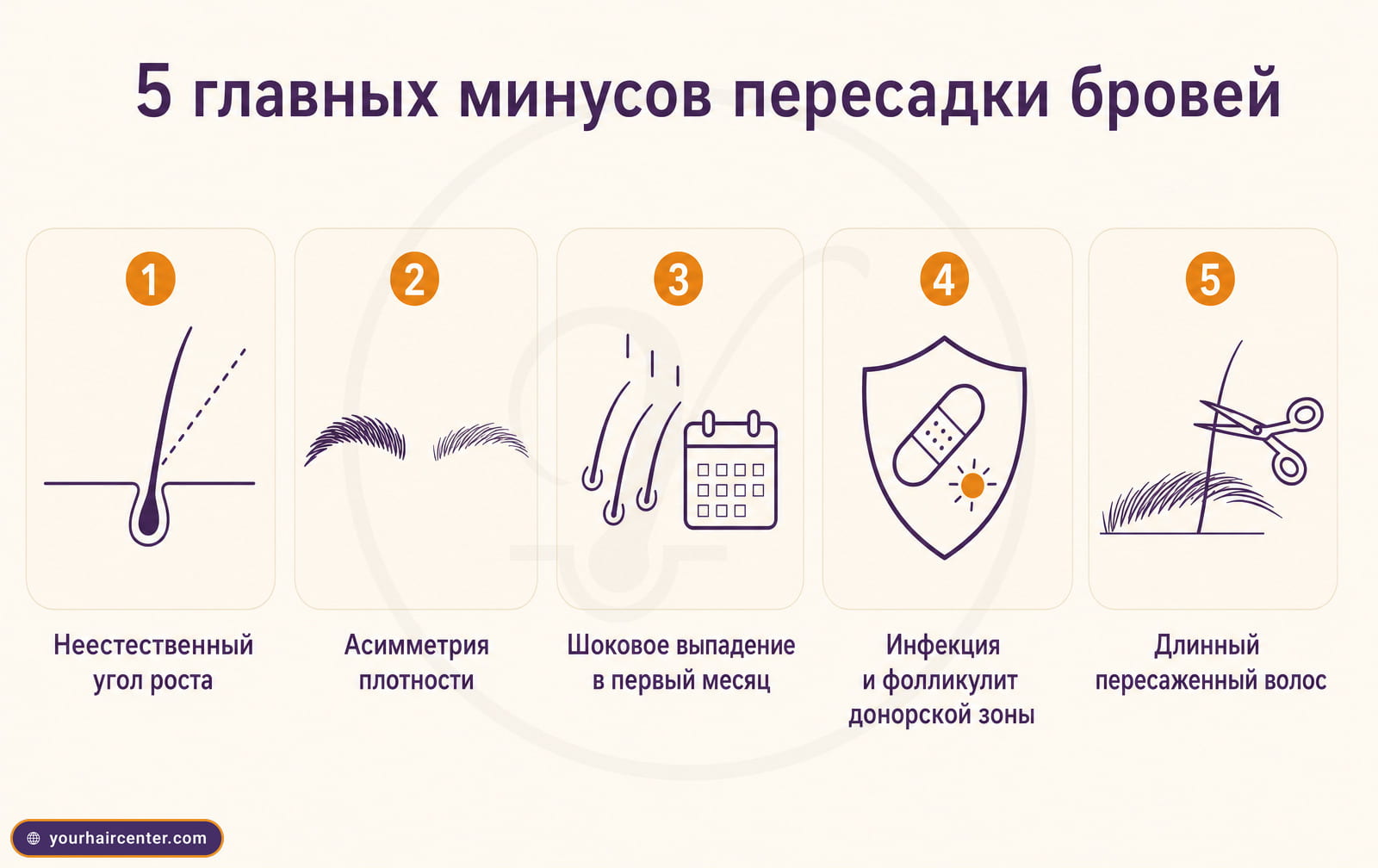 Инфографика пяти минусов пересадки бровей, по иконке на угол роста, асимметрию, выпадение, инфекцию и стрижку