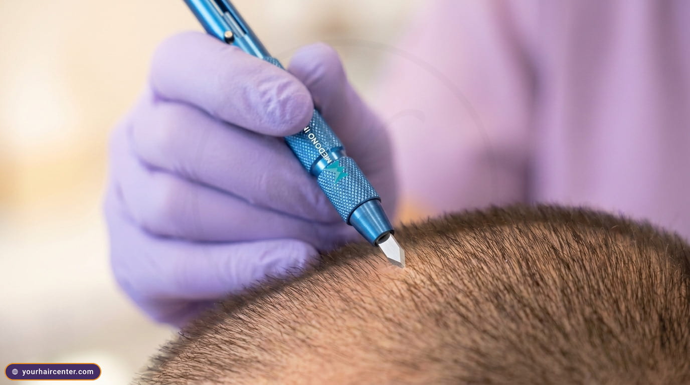 FUE punch handpiece in a lavender-gloved hand, its fine cutting tip poised over closely trimmed donor scalp to lift one graft