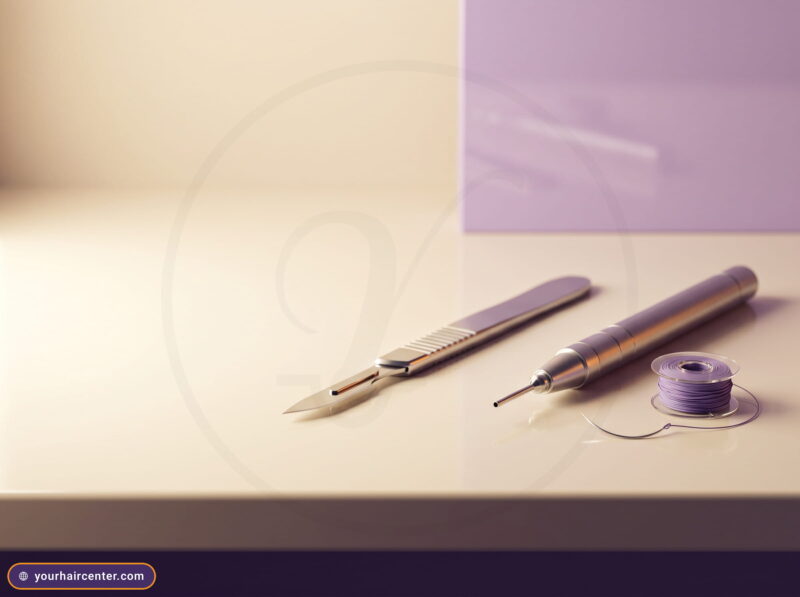 FUE vs FUT hair transplant tools on a clinic surface: a pen-style FUE micropunch, a strip-excision scalpel, and a suture coil