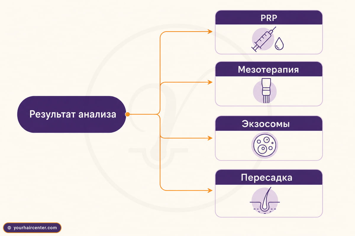 Схема от результата анализа к плану лечения волос: PRP, мезотерапия, экзосомы, пересадка
