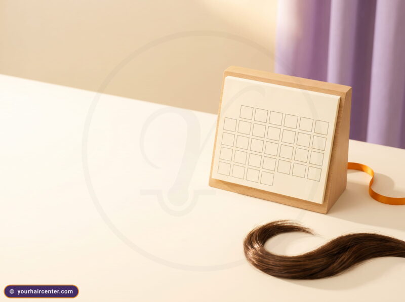 Calendar block and a sprig of healthy strands evoking a hair transplant timeline month by month, on cream