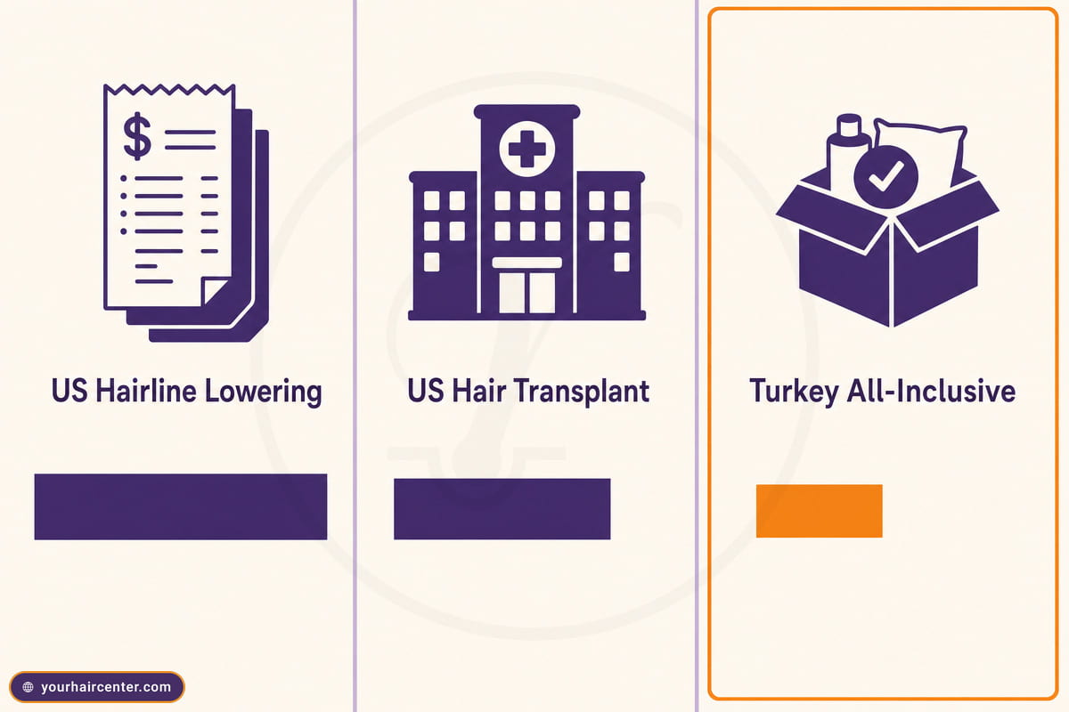 Three-column infographic comparing US hairline lowering, US hair transplant, and Turkey all-inclusive package cost bars