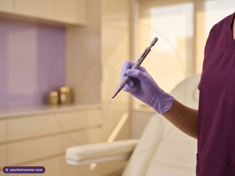Lavender-gloved hand holding a fine implanter needle in a warm cream clinic, illustrating the best hair transplant technique