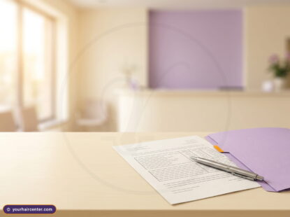 Itemized sapphire FUE hair transplant cost document on a warm cream clinic desk beside a lavender folder in soft daylight