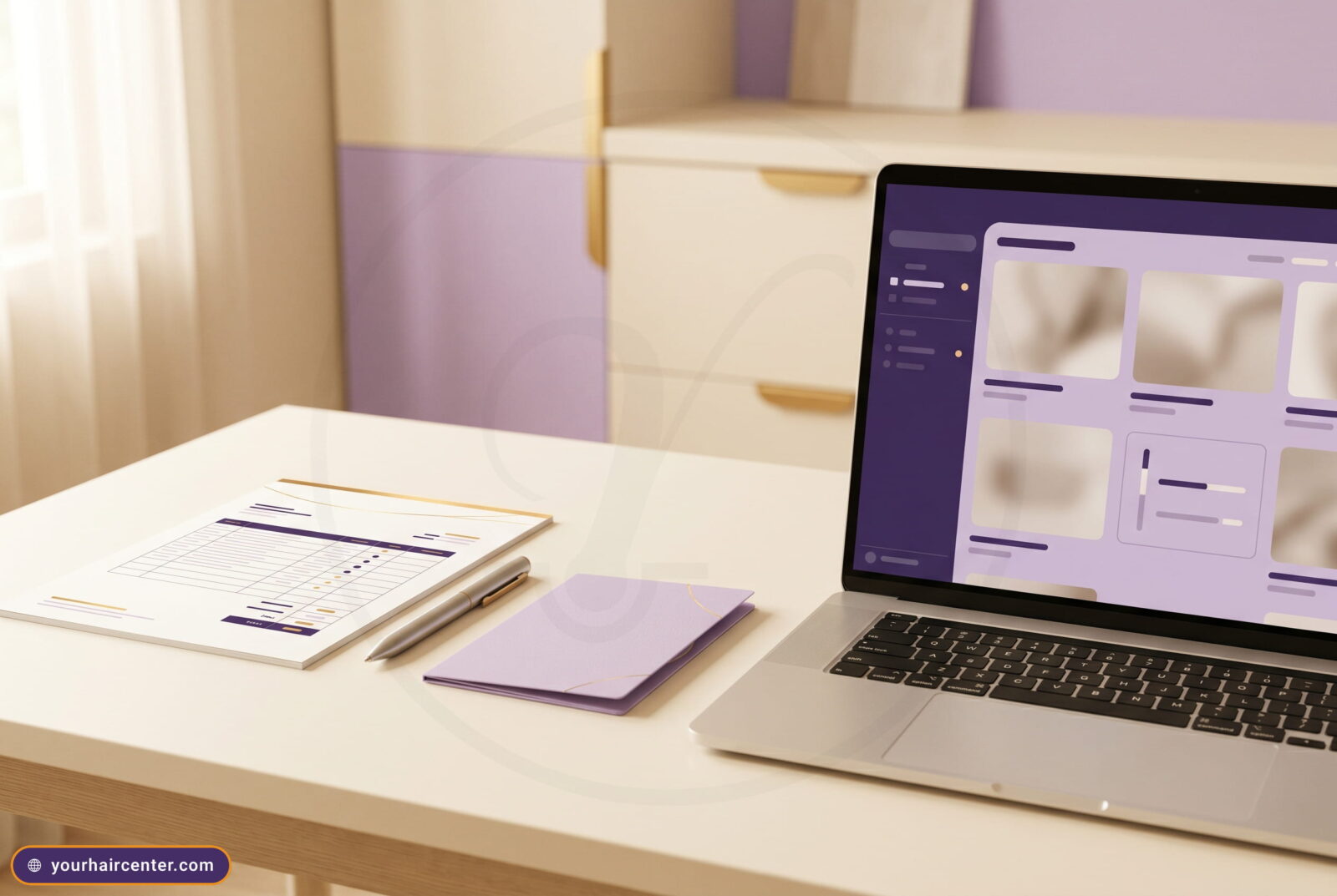 Itemized quote document beside an open laptop showing a photo-evaluation interface on a warm cream clinic desk