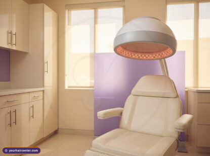 Does red light therapy work for hair loss: a dome laser hood with warm-red emitters over a cream treatment chair