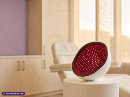 Does LLLT work for hair loss? Clinic-grade laser helmet with glowing red diode array in a Your Hair Center treatment room