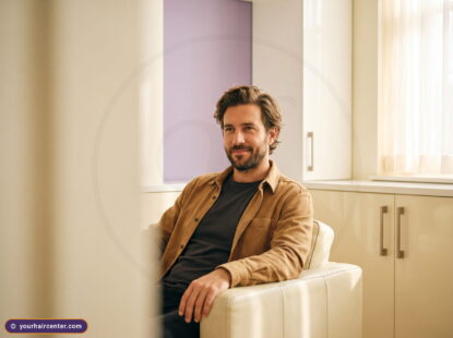 Man with collar-length hair at a long hair hair transplant consultation in a warm cream and lavender clinic