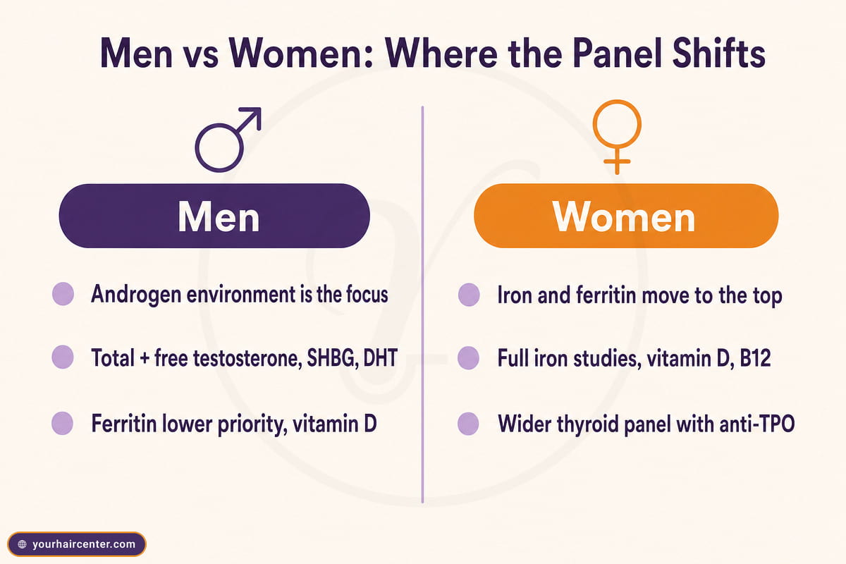 Two-column diagram comparing how the hair-loss blood panel shifts emphasis between men and women