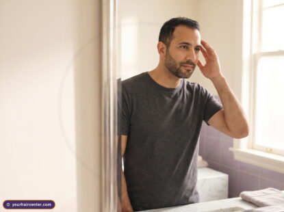 Bearded man checks his M-shaped temple recession in a mirror, the norwood scale moment most men reach for