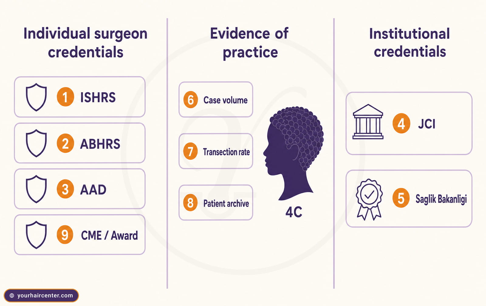 Three-column chart grouping nine surgeon credentials into individual, evidence-of-practice, and institutional categories