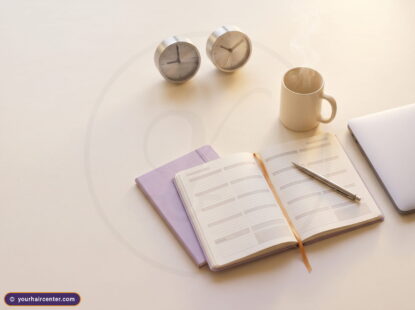 Desk with two clocks, coffee, and an open planner staging the no shave fue timeline return to the office