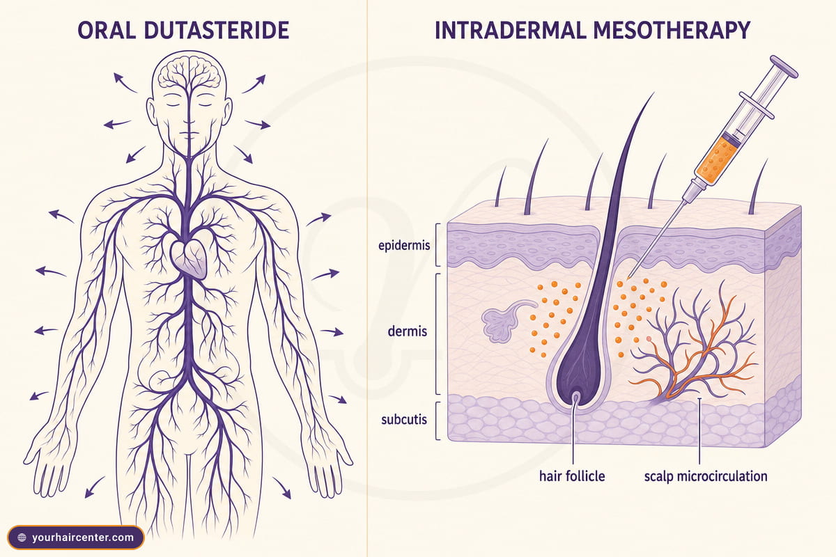 Diagram contrasting oral dutasteride spreading through the bloodstream with mesotherapy delivered locally into the scalp
