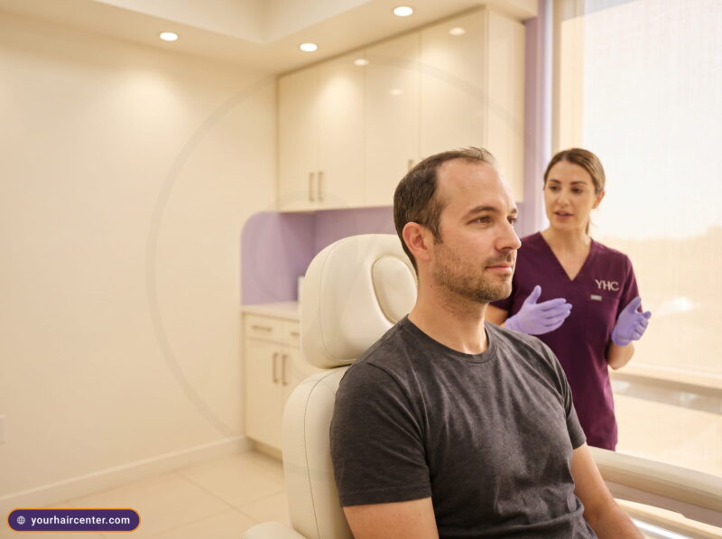 Man with crown thinning in a calm dutasteride mesotherapy consultation as a clinician in plum scrubs explains