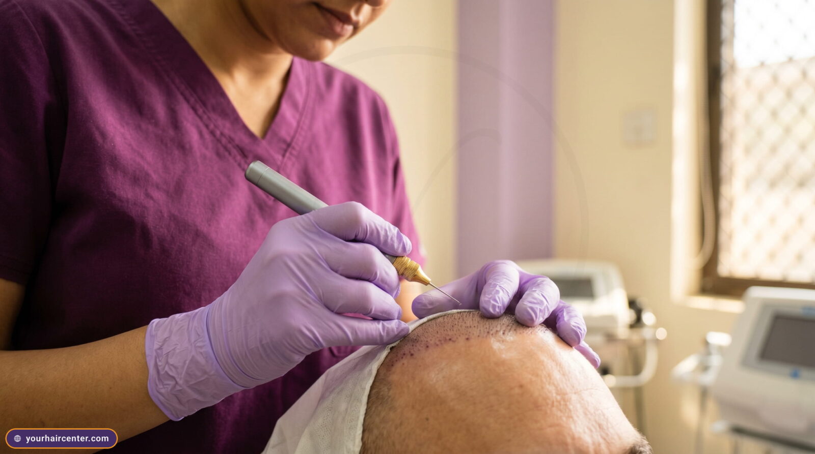 Clinician in plum scrubs and lavender gloves implanting a follicle with a fine needle pen on a prepped hairline