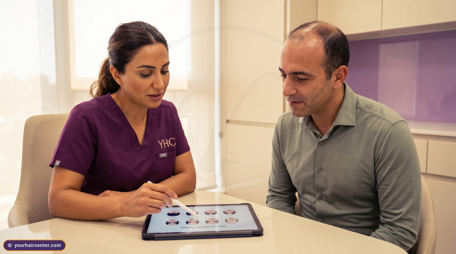 Physician in plum YHC scrubs and a patient reviewing a Norwood-stage hair-loss diagram on a tablet in a cream clinic