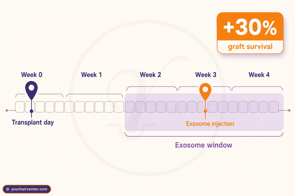 Four-week timeline marking transplant day at week 0 and a week 2 to 4 exosome window, with a plus 30 percent badge