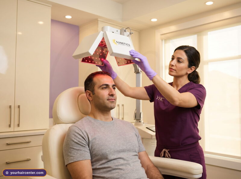 Patient receiving red light therapy after hair transplant under a non-contact laser dome at Your Hair Center