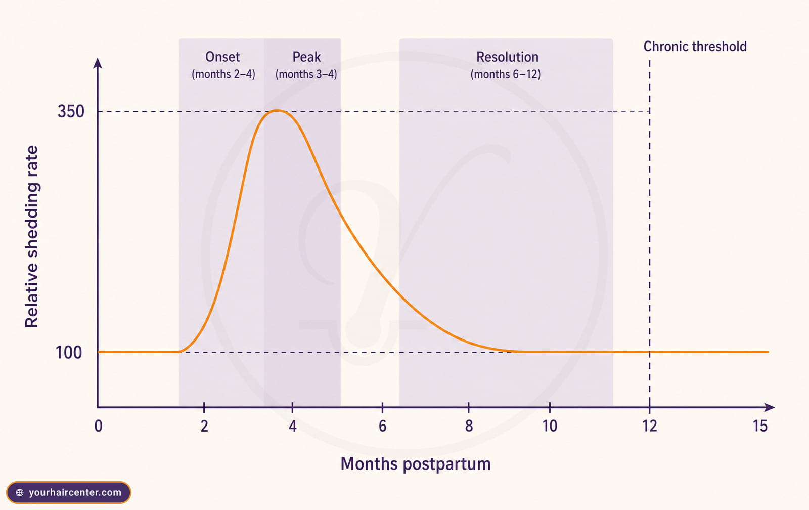 Timeline chart of postpartum shedding peaking near month 4 and resolving by months 6 to 12, chronic threshold at month 12