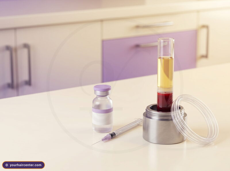 Exosome vs PRP still life: a frosted exosome vial and syringe beside a centrifuge tube of separated platelet-rich plasma