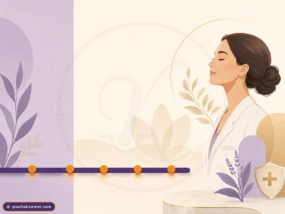 Sapphire FUE recovery time banner: purple timeline ribbon with orange milestone dots on cream-and-lavender background