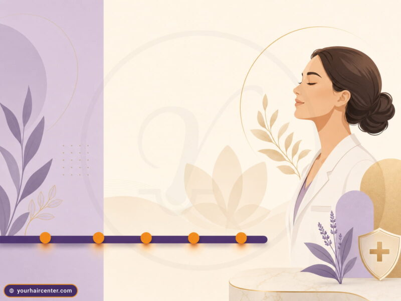 Sapphire FUE recovery time banner: purple timeline ribbon with orange milestone dots on cream-and-lavender background
