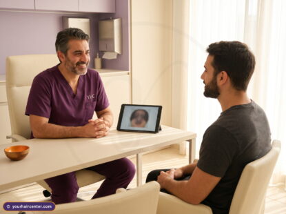 Specialist in plum scrubs reassuring a man during a calm failed hair transplant repair consultation at Your Hair Center