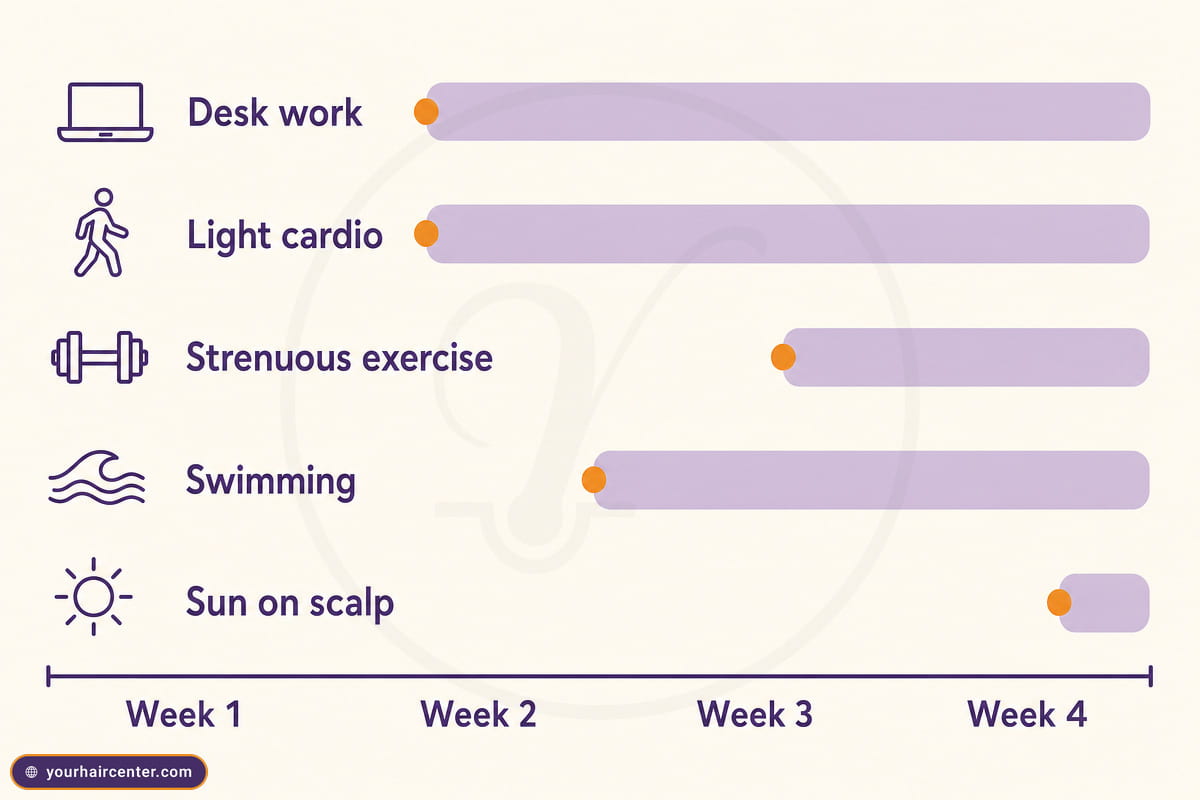 Sapphire FUE recovery return-to-activity calendar showing when desk work, cardio, exercise, swimming, and sun exposure resume