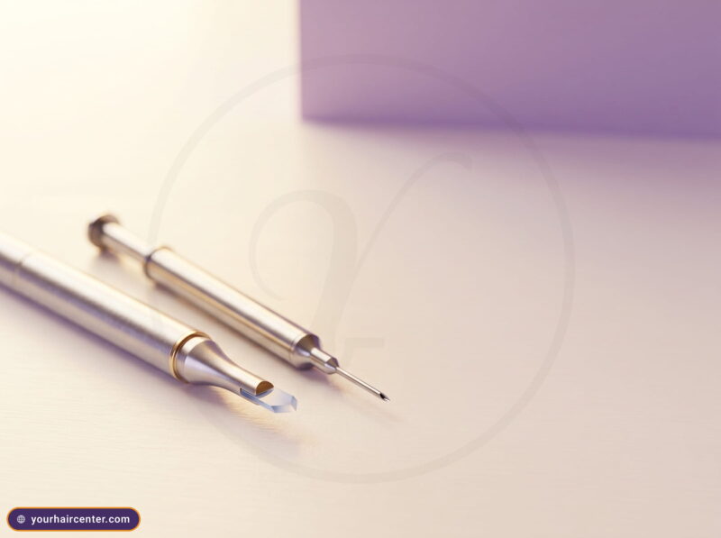 DHI vs sapphire hair transplant tools, a sapphire V-blade beside a Choi implanter pen on a cream clinical surface