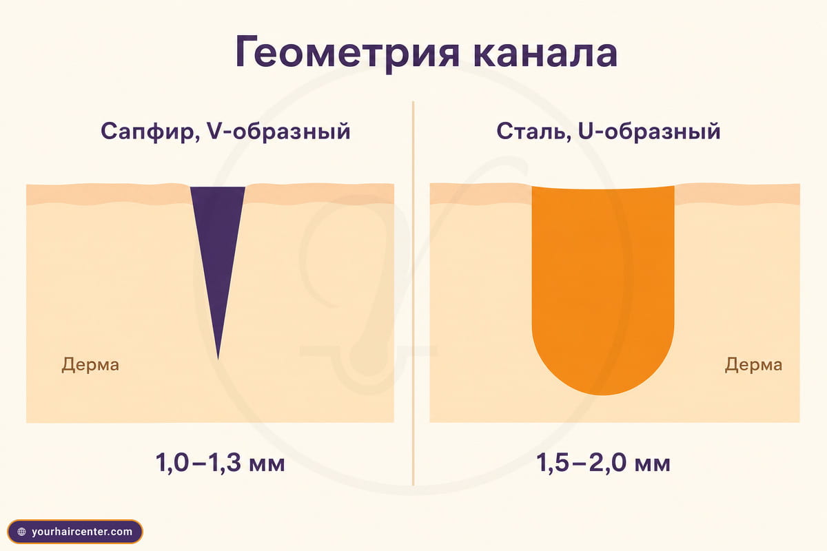 Сравнение V-образного канала 1,0–1,3 мм и U-образного канала 1,5–2,0 мм в поперечном сечении кожи