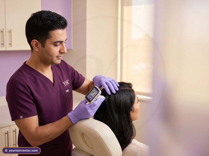 Clinician reading hair transplant density with a handheld densitometer on a seated patient's scalp in a cream clinic room