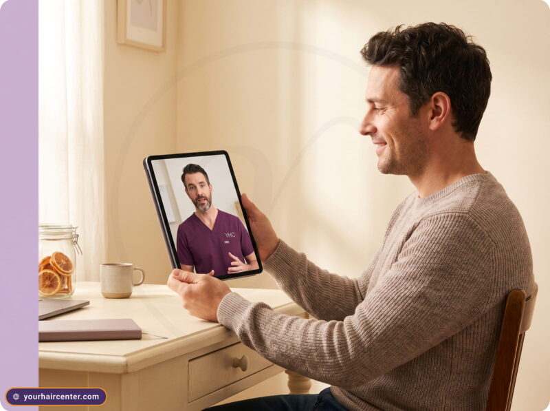 Man at home on a video call reviewing hair transplant shock loss with his Your Hair Center doctor in plum scrubs