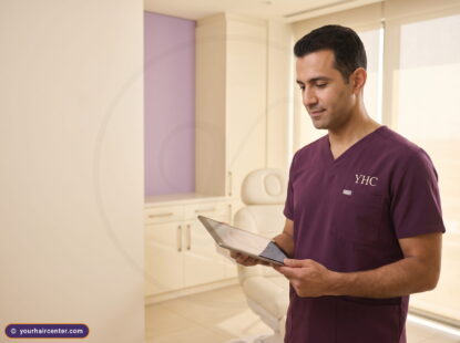 YHC specialist in plum scrubs reviewing a hair transplant 4000 grafts coverage plan on a tablet in a cream clinic