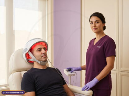 Laser cap for hair growth side effects evaluation: clinician adjusts a clinic-grade helmet over a seated patient