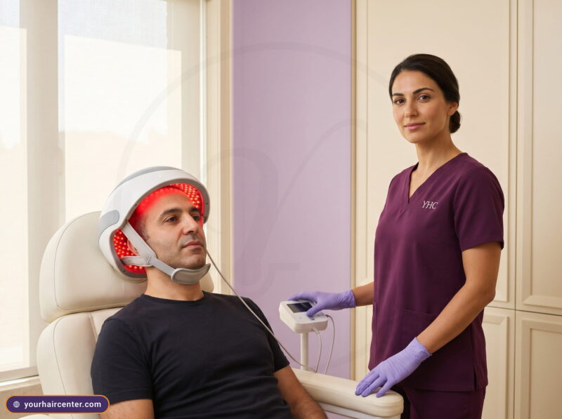 Laser cap for hair growth side effects evaluation: clinician adjusts a clinic-grade helmet over a seated patient