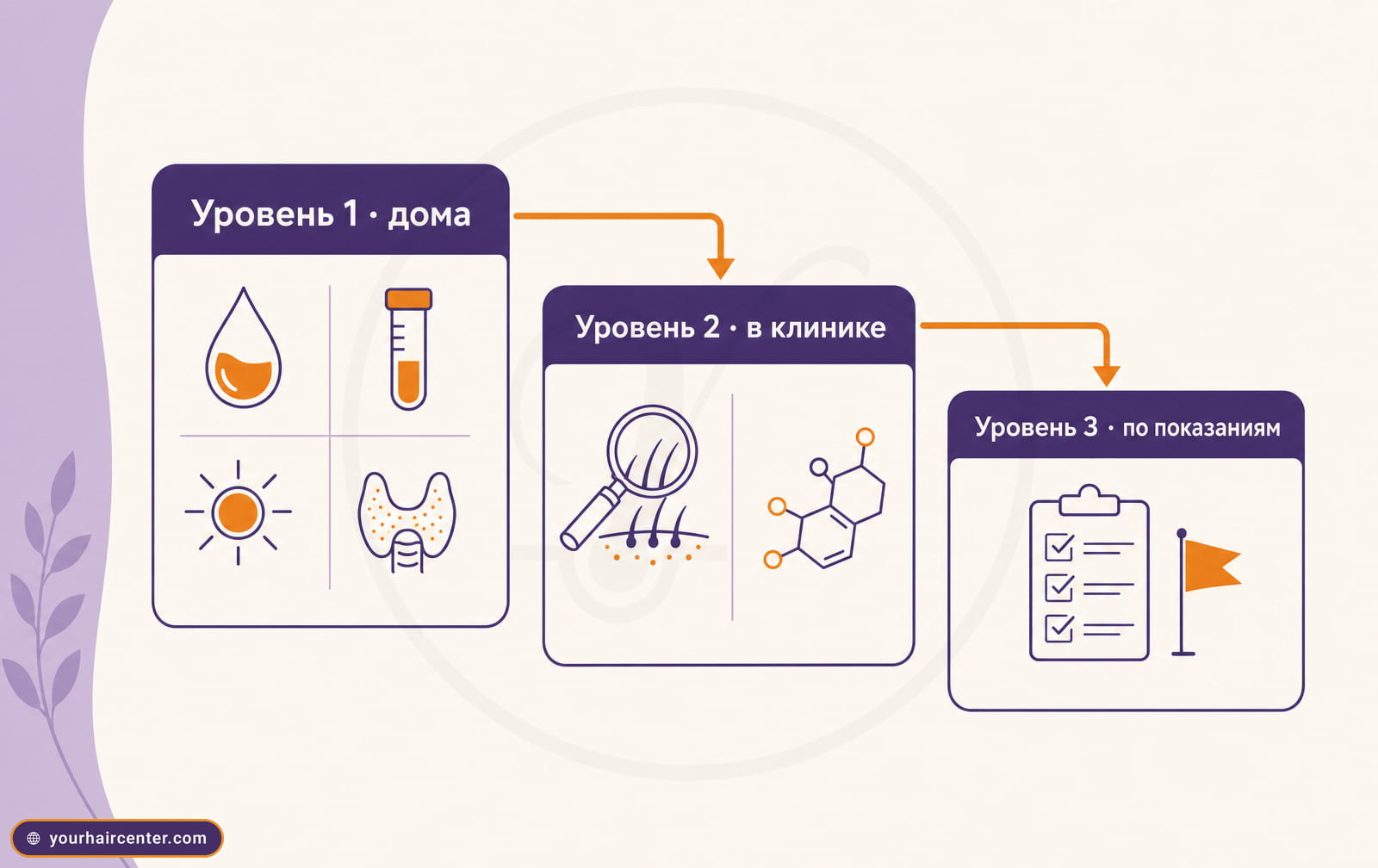 Инфографика трёх уровней анализов при выпадении волос: дома, в клинике и по показаниям
