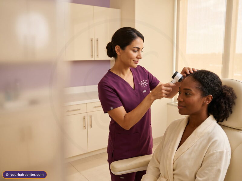 Specialist dermoscoping a Black woman's frontal hairline at a traction alopecia hair transplant candidacy consultation