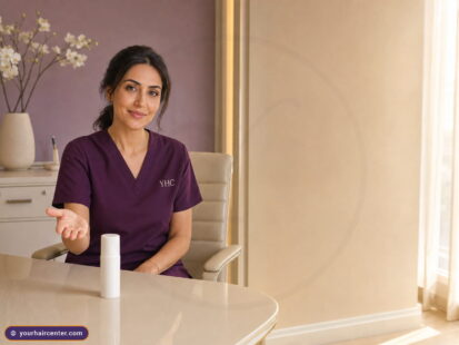 Calm Your Hair Center specialist reassuring a patient about the minoxidil shedding phase in a warm clinic