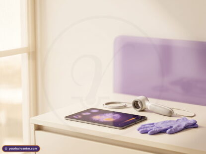 Trichoscopy device and tablet with abstract scalp-density readout on a cream desk, cueing mesotherapy hair regrowth evidence
