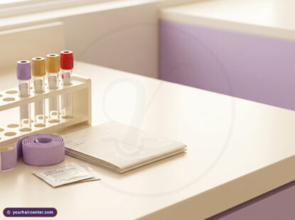 Color-coded blood collection tubes, tourniquet and lab form for a blood test for hair loss on a cream clinical surface