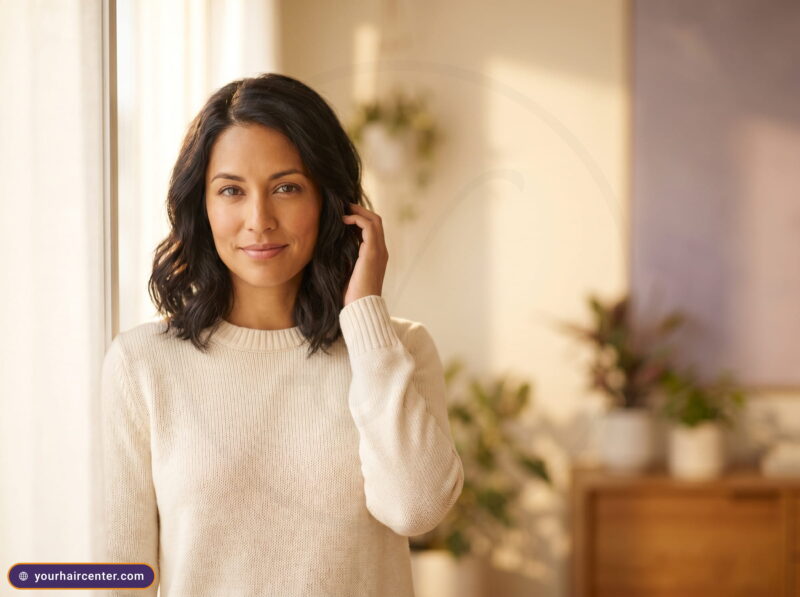 Woman with healthy dark hair by a bright window, calm about telogen effluvium treatment and diffuse shedding recovery