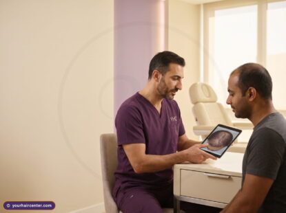 Specialist and patient review a crown hair transplant scan on a tablet during a clinic consultation