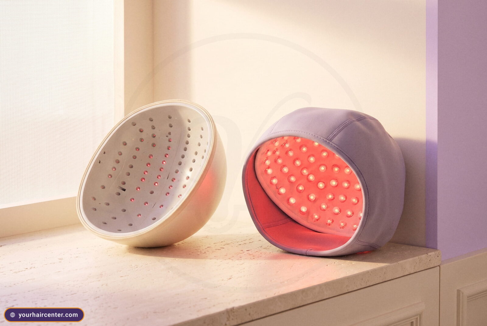 كاب ليزر للشعر بصمامات دقيقة في قشرة كريمية صلبة إلى جانب قبعة LED قماشية بنفسجية تتوهج مصابيحها الأكبر على حافة نافذة