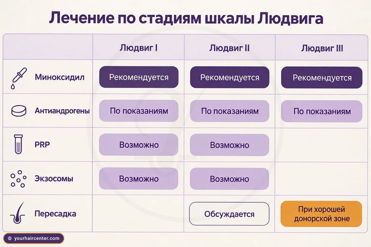Матрица лечения по стадиям Людвига, миноксидил, антиандрогены, PRP, экзосомы и пересадка волос