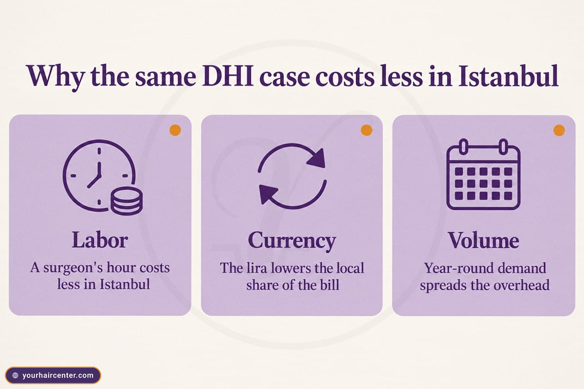 Three panels on why the same DHI case costs less in Istanbul, labor, currency and volume