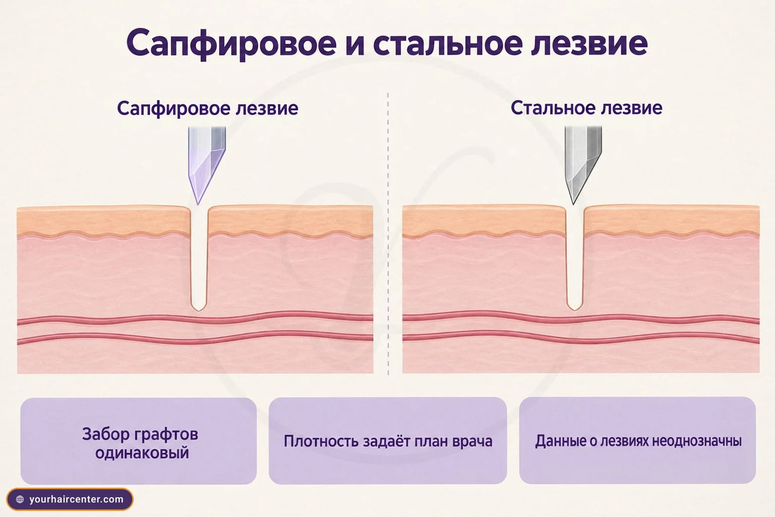 Два одинаковых разреза кожи головы с каналом от сапфирового и от стального лезвия, забор одинаковый, плотность задаёт план, данные о лезвиях неоднозначны